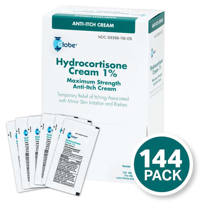 Globe (Box 144 Hydrocortisone 1% Maximum Strength Cream, (0.9g Single Packet) Anti-Itch Cream for Redness, Swelling, Itching, Rash, Bug/Mosquito Bites, Eczema, Hemorrhoids & More 144 Count