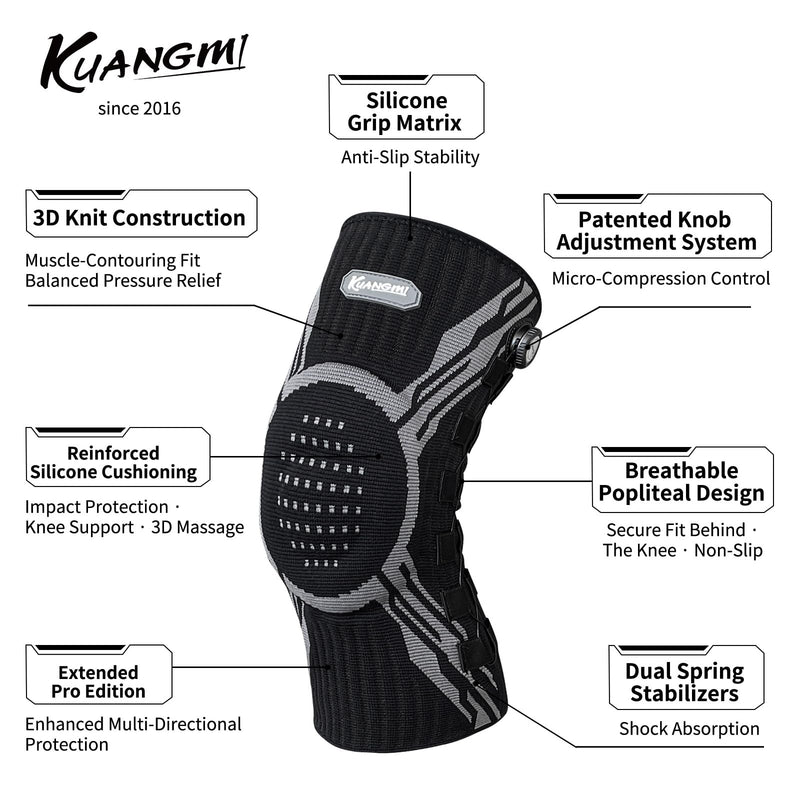 Kuangmi Knee Brace for Pain Relief & Support - Adjustable Compression Knob for Arthritis, Meniscus Tear, ACL - Stabilizes Joints for Men & Women During Sports, Running, Workout, B-L-XL X-Black+Left XL