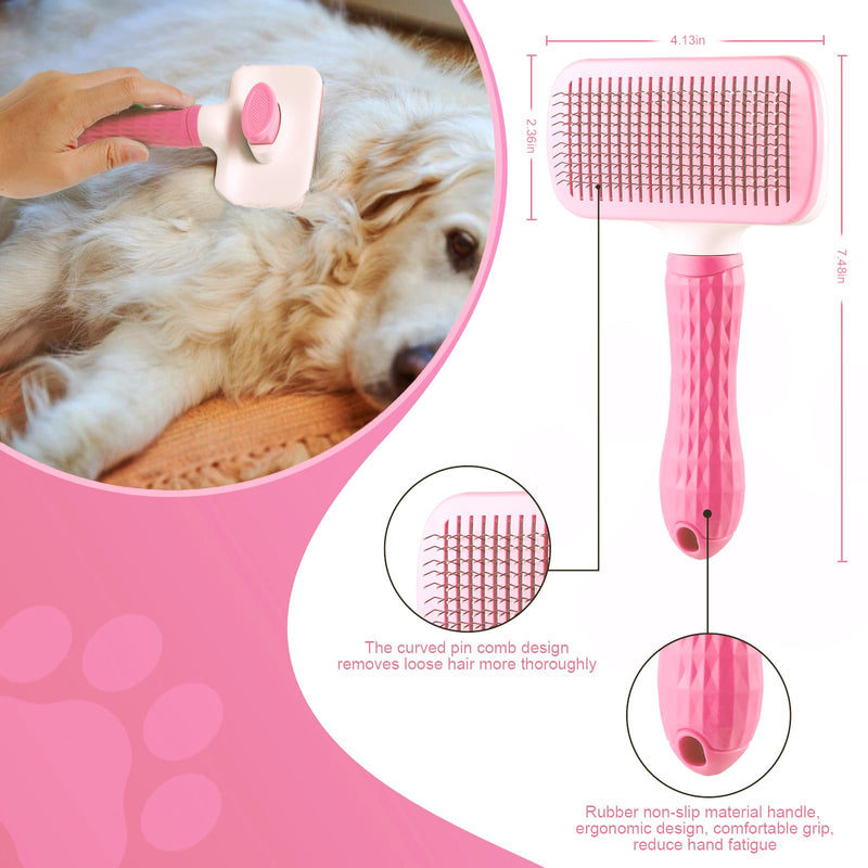 Pet brush，cat brush with release button，dog brush， for grooming Remove loose hair and prevent tangling,fine needle（Pink） - BeesActive Australia