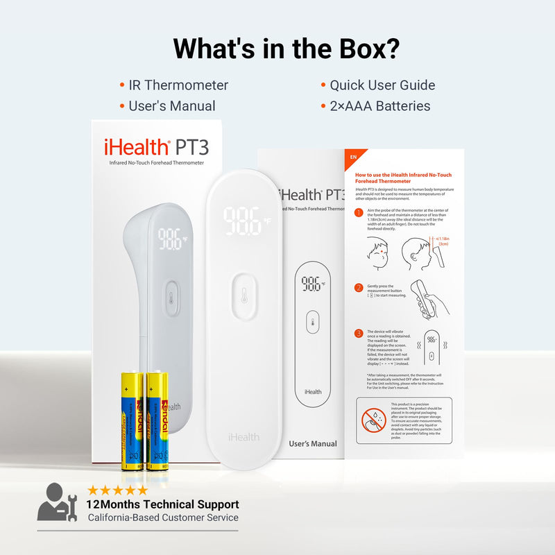 iHealth No-Touch Forehead Thermometer for Adults, Kids, Babies - 1s Fast Accurate, 3 Ultra-Sensitive Sensors, Quiet Vibration Feedback, Digital Large LED Digits, Easy to Use for Home & Nurses, PT3 White
