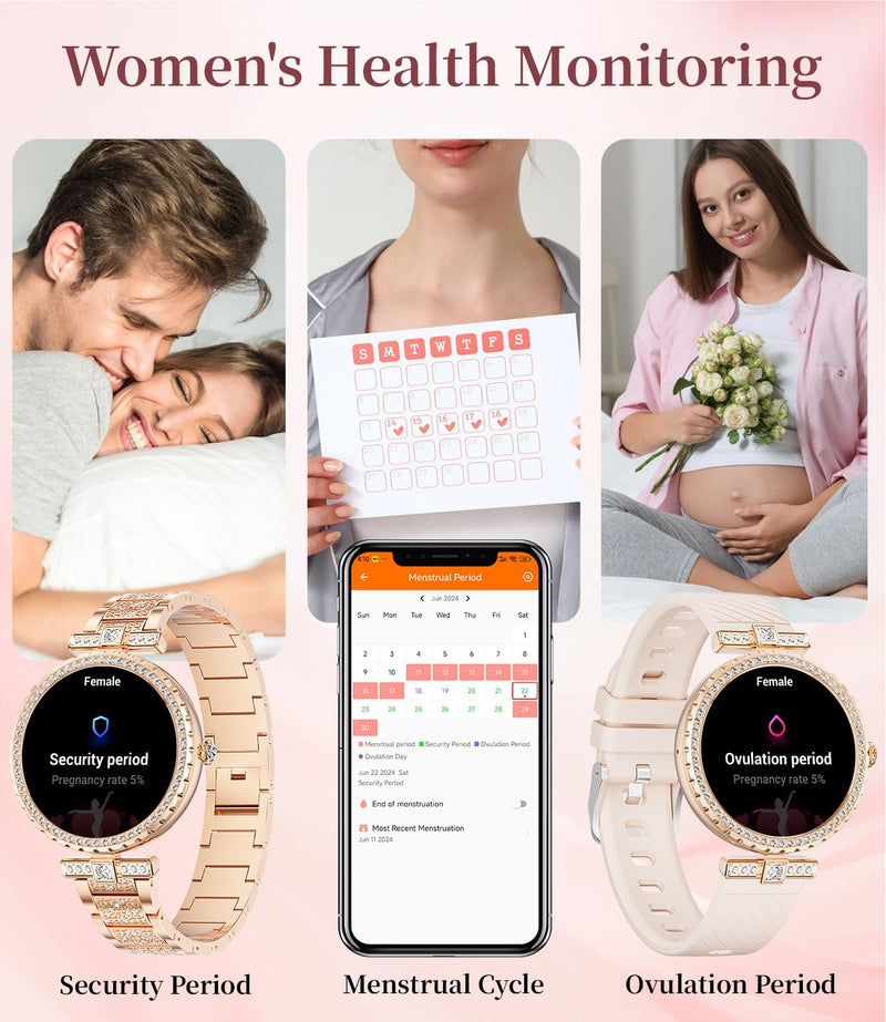 ESFOE Smart Watches for Women,1.19” AMOLED Smart Watch Women Answer Make Calls,IP68 Waterproof Fitness Tracker,Heart Rate Sleep Monitor,100+ Sports Pedometer Watch for Android iOS Phone,Gift,Rose Gold FV8-A(Diamond Metal Gold)