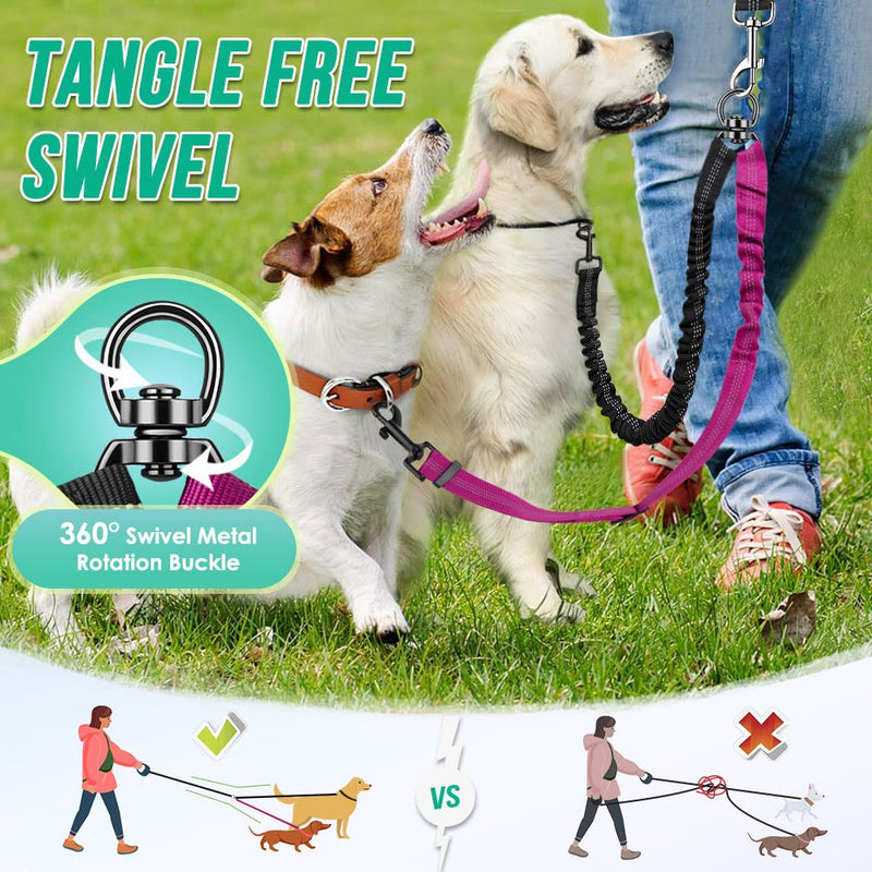 Two Dog Lead, 2 in 1 Upgraded Double Dog Leash Attachment Combine Adjustable Strap and Shock Absorbing Bungee No Tangle Dual Training Splitter for Different Size Dogs Fuchsia - Medium - BeesActive Australia