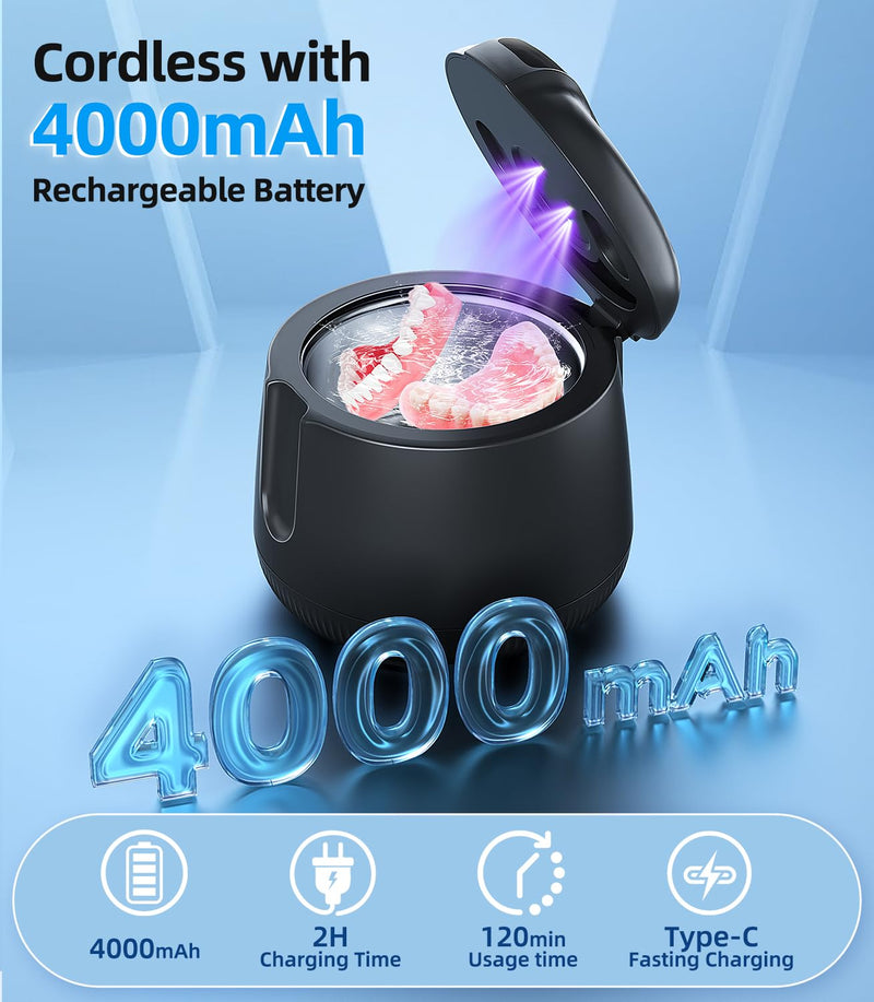 Ultrasonic Retainer Cleaner Machine 48kHz, Cordless Dental Pod Ultrasonic Jewelry Cleaner Portable with Digital Timer & 200ML for Denture Aligner Night Mouth Guard Braces Electrochemistry Accessories - BeesActive Australia