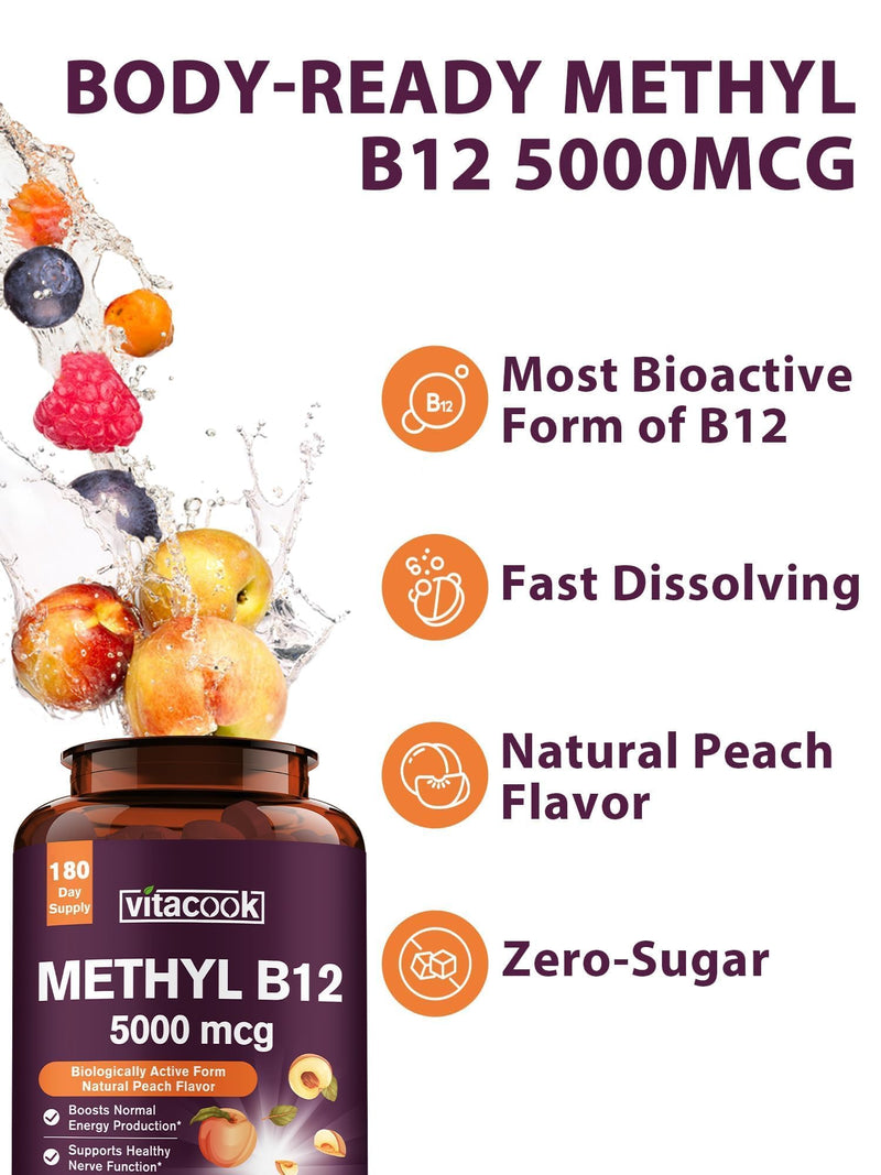 Vitamin B12 Sublingual, Methylcobalamin 5000mcg for Energy Production | Energy, Nerve & Cell Support, Natural Peach Flavor, Vegan, Zero Sugar, 180 Fast Dissolve Tablets 180 Count (Pack of 1)