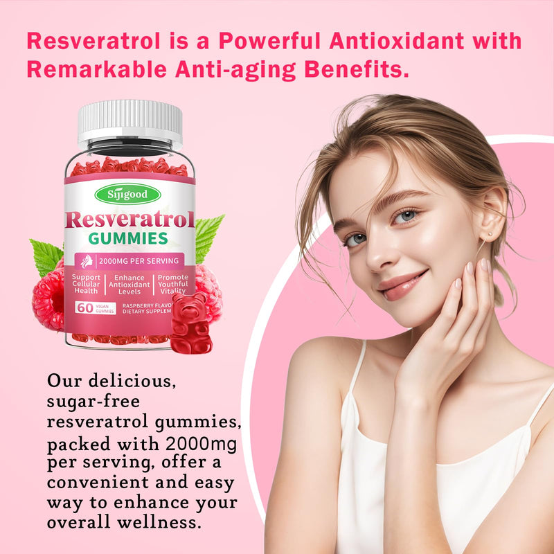 2 Pack Organic Resveratrol Gummies Supplement for Women Sugar Free | For Antioxidant Support, Cellular Health, Immunity, Brain & Energy, Raspberry Flavor, 120 Count 60 Count (Pack of 2)