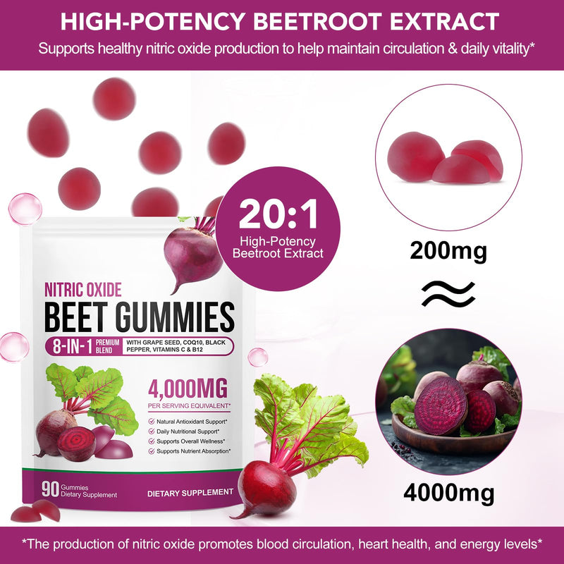 90 Chews Beet Root Gummies, Sugar Free | 8 in 1 Beet Root Extract with CoQ10, Grapeseed Extract 90 Chews for Antioxidant, Promoting Nitric Oxide, Energy Level Suport, with Vitamin B12, C 90 Count (Pack of 1)