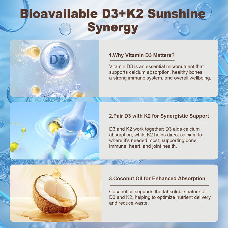 Vitamin D3 K2 10,000 IU MK-7 200 mcg D3 and K2 Supplements with Coconut Oil | 300 Softgels, 2-in-1 Vitamins D & K Complex, Extra Strength, Easy to Swallow, Non-GMO, Gluten Free