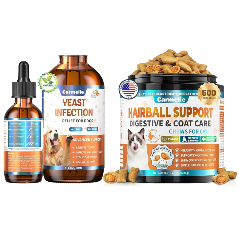Cat Hairball Support Chews and Natural Yeast Relief for Dogs, Ear Paw Discomfort Care, Cat Hairball Control & Digestion Support