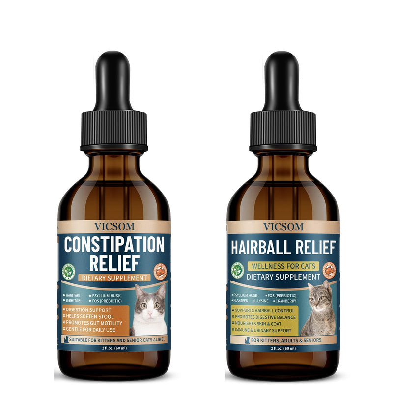 VICSOM Cat Hairball & Digestive Support Bundle, Hairball Remedy + Constipation Relief for Cats, Helps Remove Hairballs, Support Digestion & Stool Regularity, Chicken Flavor, 2 fl oz + 60 ml