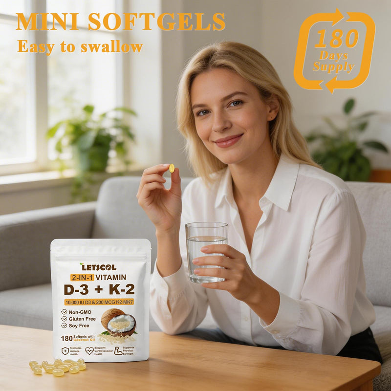 2-in-1 Vitamin D3 K2 Supplement Softgel, Vitamin D3 10000 IU and Vitamin K2 200 mcg, K2 MK7 with D3 Vitamin Supplement Support Immune, Heart, Teeth Health 180 Count (Pack of 1) 10,000 IU D3 & 200MCG K2 180 Softgels