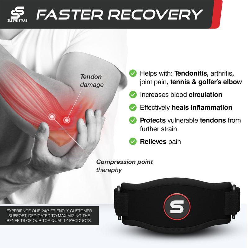 Sleeve Stars Tennis Elbow Brace for Women - Adjustable Tennis Elbow Strap, Golfers Elbow Brace for Men, Counterforce Brace for Tendonitis Relief, Fits 9"-23" (Pair/Black) One Size Black 2