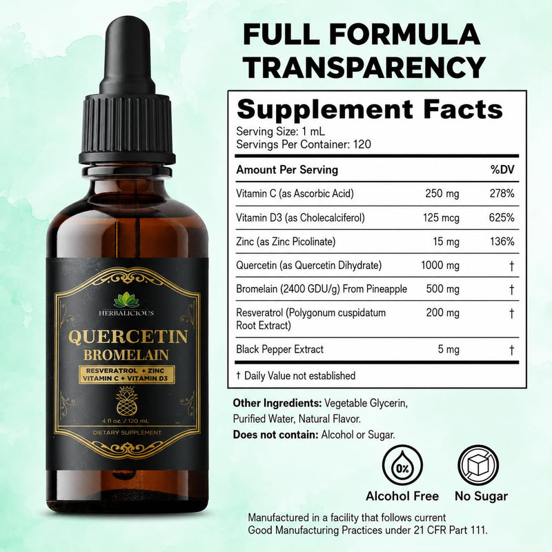HERBALICIOUS Quercetin Bromelain Liquid with Resveratrol, Zinc, Vitamin C & D3 – Immune Support Drops – 4 fl oz (120 mL) – Fast Absorption – Non-GMO Dietary Supplement