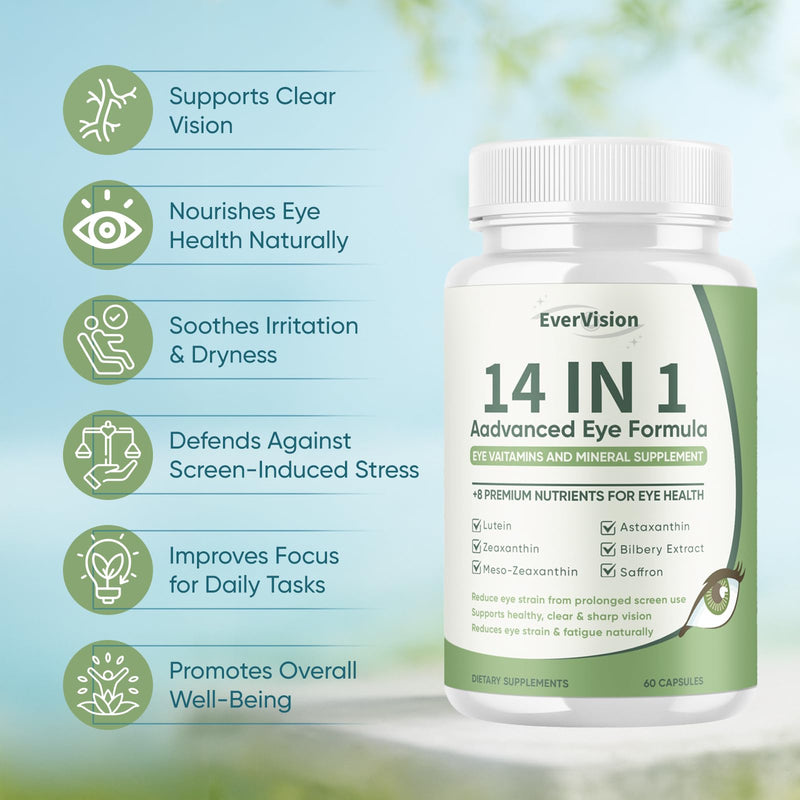 Evervision 14 in 1 Advanced Eye Formula, Neurobella Eye Vitamin and Mineral Supplement with Zinc, Lutein, Zeaxanthin & Bilberry Extract, 60 Capsules (1)