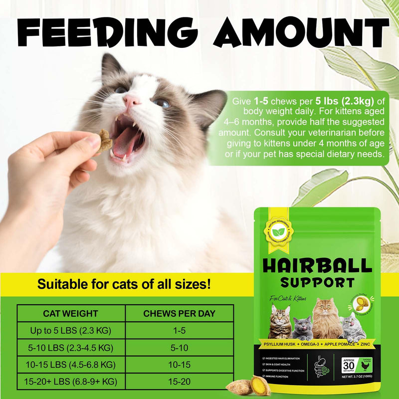 Cat Hairball Treats, Dual Texture Chews for Hairball Relief & Digestive Support – Psyllium Husk, Apple Pomace, for Skin & Coat Health – For Cats & Kittens, Chicken