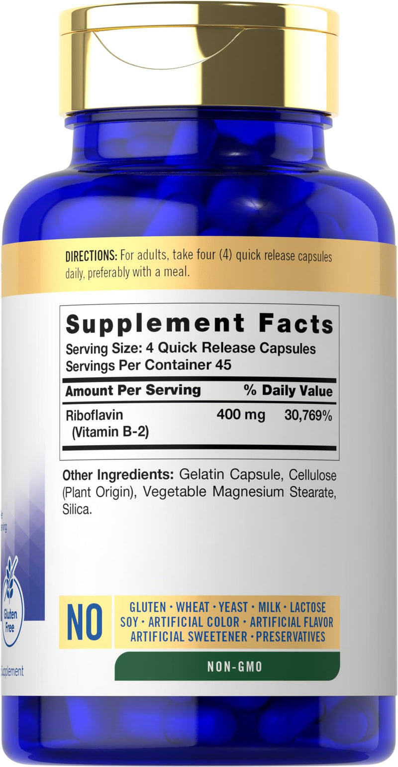 Carlyle Vitamin B-2 400mg | 180 Count | B2 Riboflavin | Non-GMO, Gluten Free Supplement