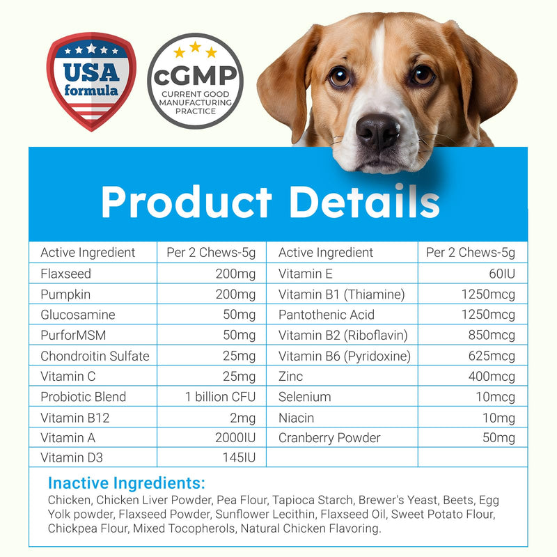 Dog Vitamins and Supplements - 150 Dog Multivitamin Chewable - Immune, Joint Support, Skin, Gut Health + Packed with Omega 3s, Glucosamine & Probiotics - Safe for Puppy - Chicken
