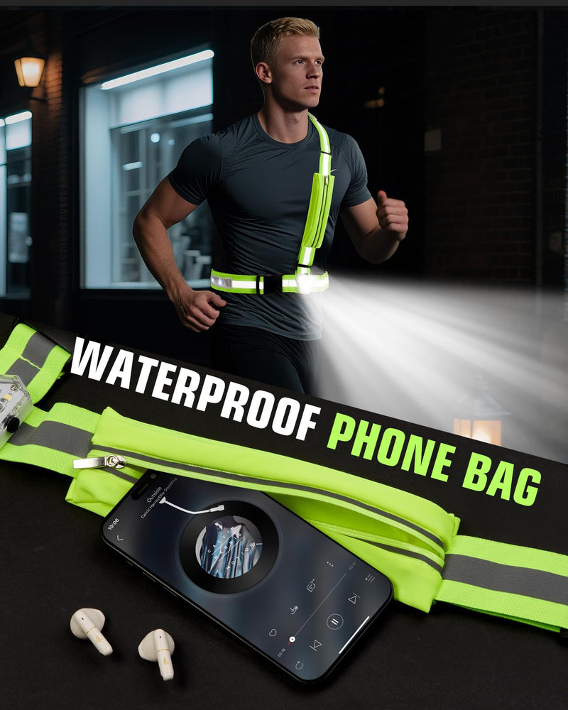 Zacro Reflective Running Vest with 9 RGB Modes, 500LM High Visibility Chest Light for Runners, Rechargeable Light Up Running Gear for Night Safety Cycling Hiking Dog Walking Adjustable for Men Women with Phone Bag - BeesActive Australia
