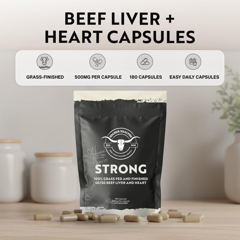 Strong Grass-Fed Beef Organ Supplement for Women & Men, 180 Capsules | Grass-fed beef organs for women and men; beef organ supplement with liver, heart, CoQ10, iron and B12; made in USA
