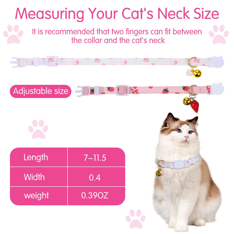 2Pcs Cat Collar with Bells, Breakaway Cotton Kitten Collars for Girl Cats, Pink Cute Cat Outfit Accessories with Strawberries and White Heart Shaped Pendant - BeesActive Australia