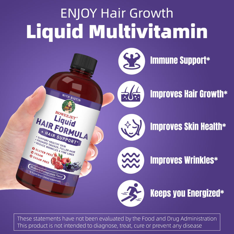 Liquid Multivitamin for Hair Formula | Biotin 2500mcg | Healthy Hair Habits | Clinically Tested for Thicker Hair & Skin Elasticity for Women | Ages 18+ | 16 Fl Oz (Blueberry Pomegranate Flavor) Blueberry Pomegranate Flavor