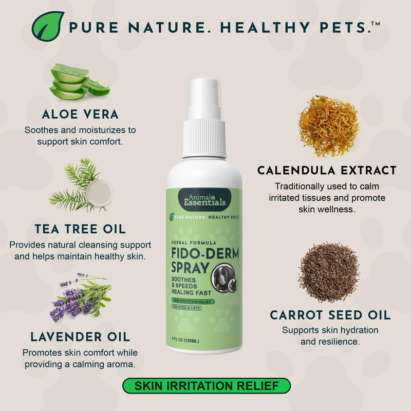Animal Essentials Fido-Derm Herbal Skin Spray for Dogs, Cats, & Horses - Itch Relief & Hot Spot Spray, Natural Skin Support for Seasonal Allergies, Soothing & Gentle - 4 fl oz 1-Pack