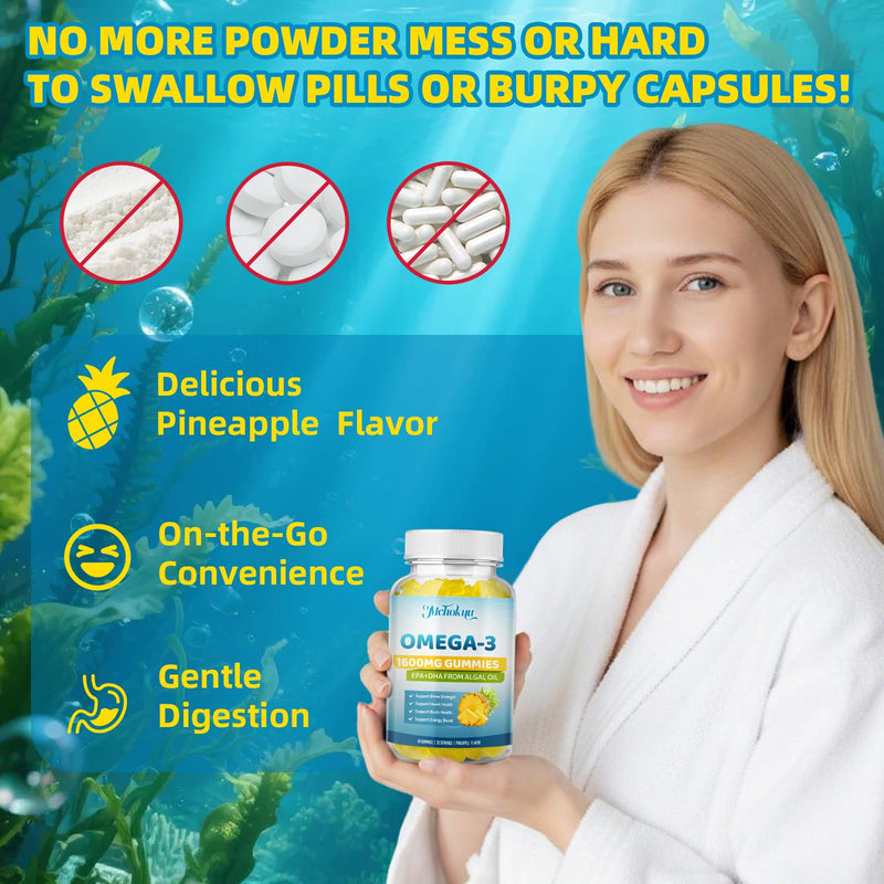 Vegan Omega-3 Gummies 1600mg EPA & DHA from Algal Oil, Fish Oil Alternative for Adults & Kids, Omega 3 Supplement with Vitamin D3 K2 for Brain, Eye & Immune Health Sugar Free Pineapple, 120 Count 60 Count (Pack of 2)