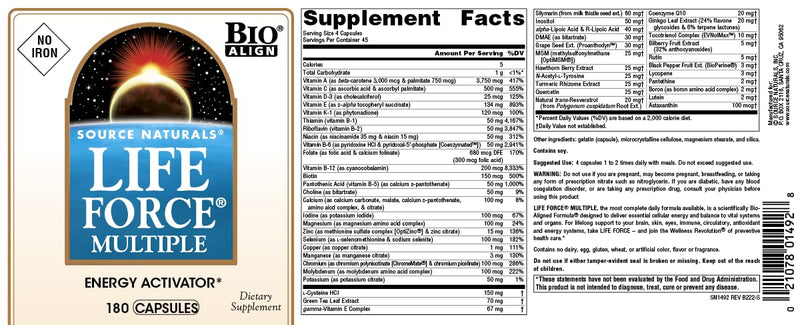 Source Naturals Life Force Multiple Iron Free Multivitamin,180 Capsules | No Iron Bio-Aligned Formula® - Delivering 40+ Ingredients for Foundational Nutrition | Contains Soy* 180 Count (Pack of 1)