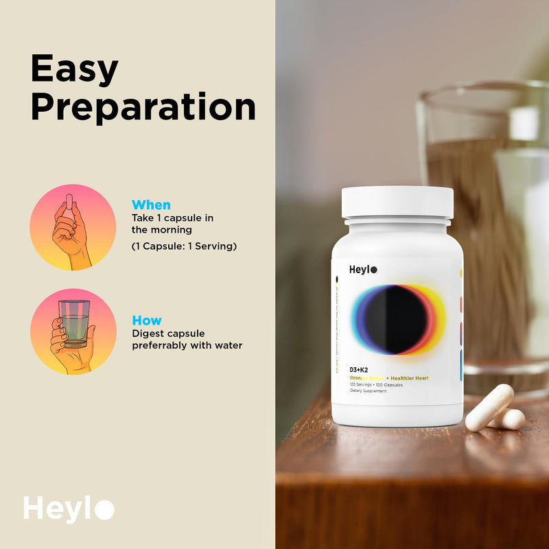 Heylo Vitamin D3 + K2 Supplement – High Potency Vitamin D3 100 mcg (4000 IU) & Vitamin K2 MK-7 100 mcg for Bone Strength, Heart & Immune Support – 120 Capsules (4-Month Supply), Made in USA