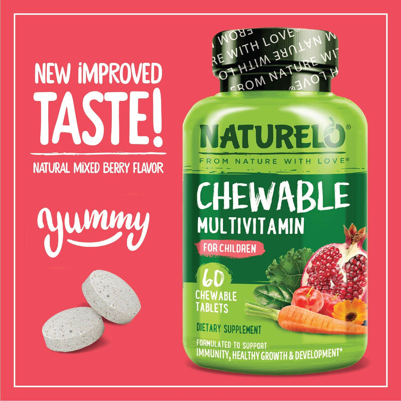 NATURELO Kids Vitamins Multivitamin, Whole Food Organic Fruit Blend, 60 ct | Chewable Vitamin for Kids 60 Count (Pack of 1)