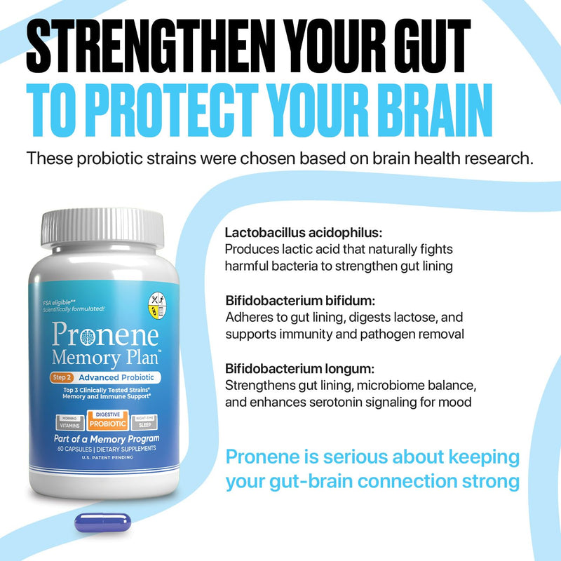 Pronene Memory Plan Advanced Probiotic | Gut-Brain Axis Support for Adults 50+ | 20 Billion CFU with B. Bifidum, B. Longum & L. Acidophilus | Created by a Neuroscientist | 60 Capsules | FSA Eligible