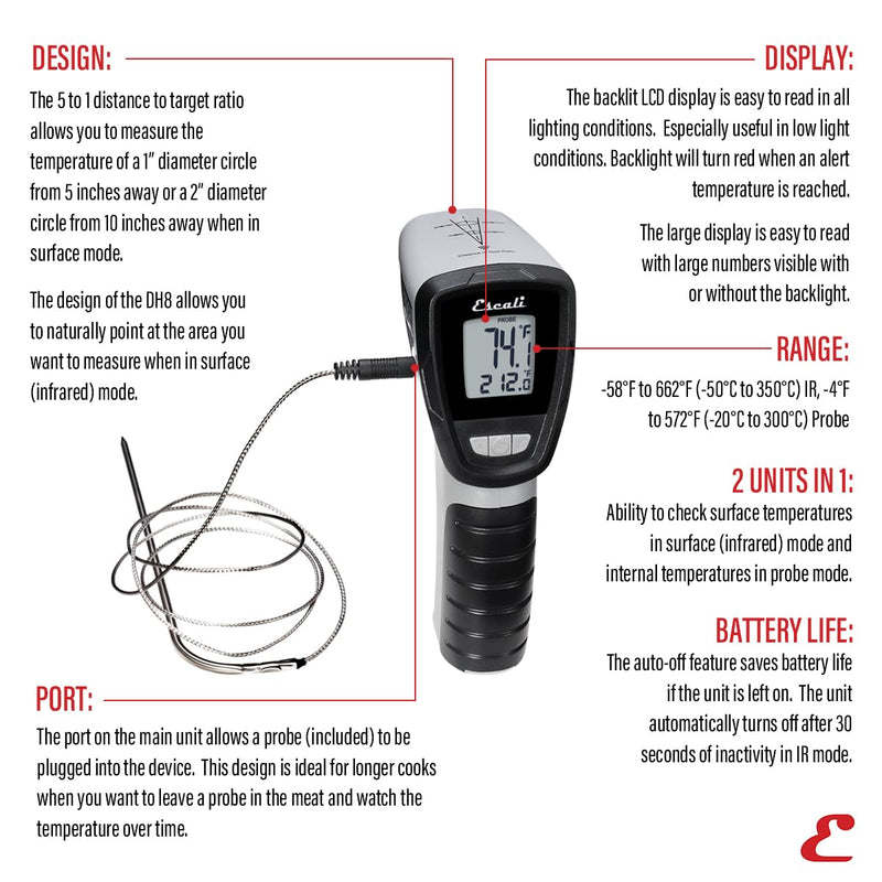 Escali Infrared Surface and Probe Digital Thermometer 40-inches Plug-in Probe, Two-in-One Adjustable Temperature Alert Handheld