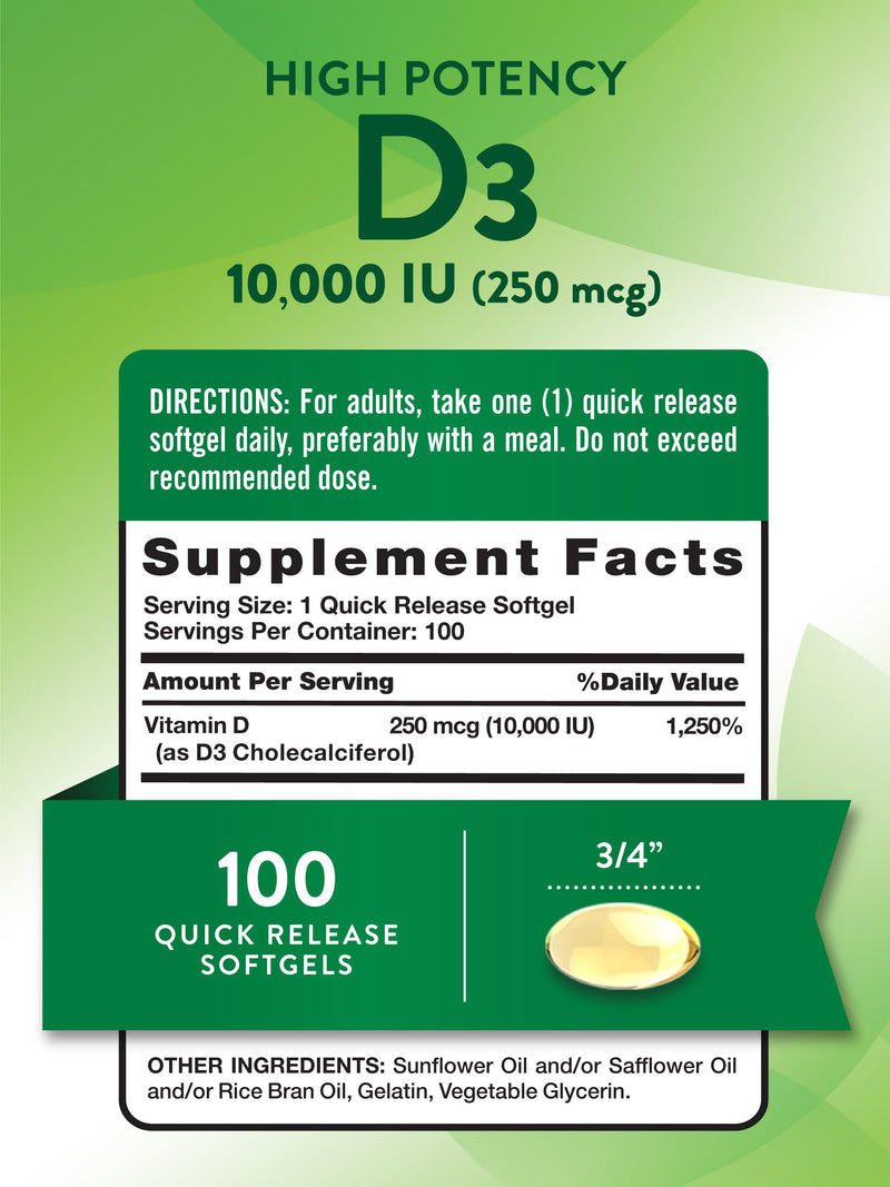 Nature's Truth D3 Vitamin 10,000 IU Softgels Supplement | 100 Count | High Potency Formula | Non-GMO and Gluten Free 100 Count (Pack of 1)