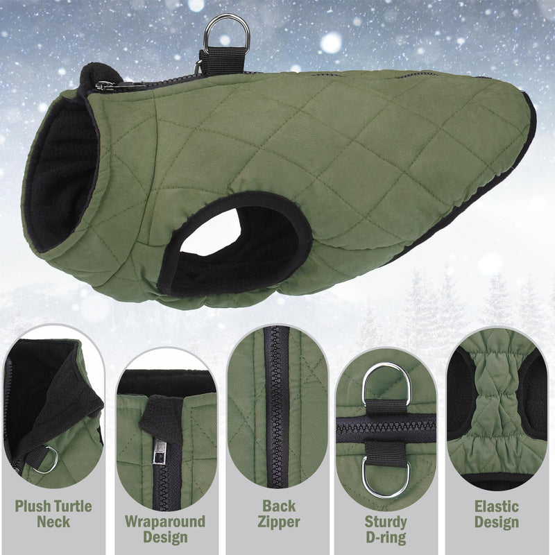 SCENEREAL Winter Dog Vest Coat with Harness Built in, Warm Dog Jacket for Small Medium Dogs, Dog Cold Weather Coats with Zipper, Fleece Puffer Vest Windproof Snow Clothes for Puppy Pet S(Chest 14") #1 Olive-Matte - BeesActive Australia