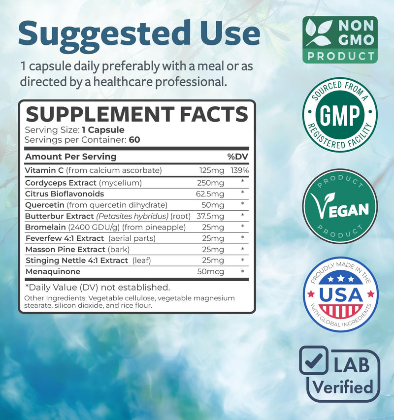 Respiratory Lung Health Supplement Vegan Non-GMO Formula (2 Month Supply) | Invigorating Herbal Lung Support Supplement Helps Support Clear Airways Mucus Removal and Seasonal or Year Round Detox 60 Count (Pack of 1)
