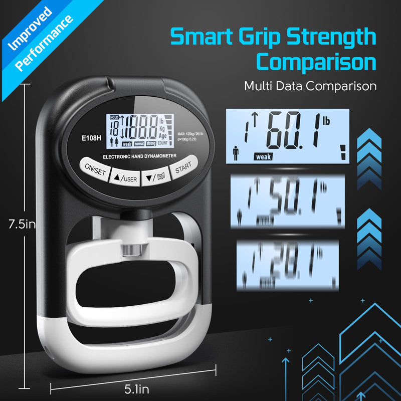 Grip Strength Tester Hand Dynamometer - Grip Strength Trainer Electronic Hand Gripper Strengthener Wrist Exerciser Meter Digital Training Gauge 265 Lbs / 120 Kgs for Sport School Home Use Black