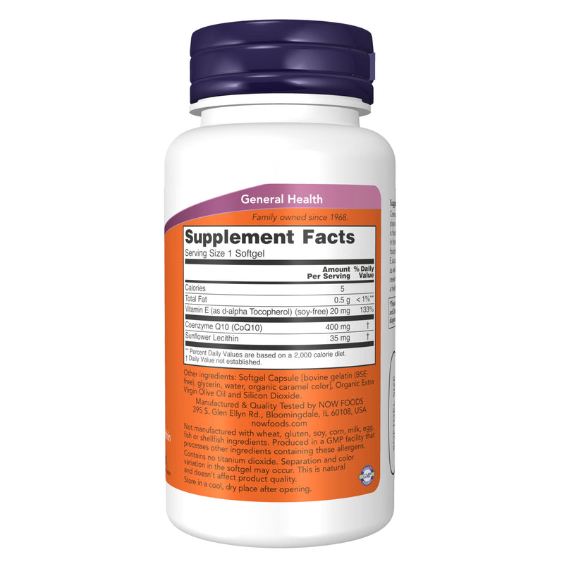 NOW Foods Supplements, CoQ10 400 mg, Pharmaceutical Grade, All-Trans Form produced by Fermentation, 30 Softgels 30 Count (Pack of 1)