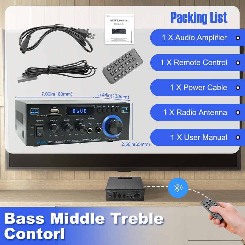AK45 Stereo Home Audio Amplifier, 5.0 Mini Bluetooth Receiver, 300W *2 Blutooth HiFi Stereo Power Amplifier 2.0 Channel RMS 40W x 2 Home Stereo System with Remote Control Amp W/MIC,USB, RCA,FM Radio