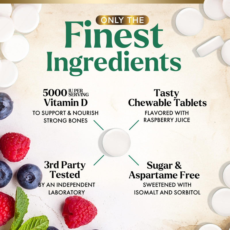 Vitamin D3 5000 IU (125 mcg) Per Serving - Extra Strength Vitamin D Chewable for Immune Support Health - Bone, Teeth and Muscle Supplements - Sugar Free, Gluten Free, USA Bottled - 60 Count Tablets 60 Count (Pack of 1)