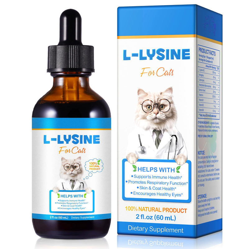 L-Lysine for Cats 60 ml, 100% Natural Product, Lysine Drops Immune Support Supplement for Immune Feline Respiratory, Sneezing, Runny Nose, Eye Function