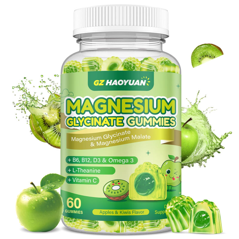 Magnesium Glycinate Gummies for Kids & Adults - Sugar Free Magnesium Malate with L-Theanine, Omega-3, Vitamin D3, B6, B12, C- Sleep, Calm, Relaxation, Brain, Bones, Green Apple & Kiwi, 60ct (2 Pack) Green Apples and kiwis 60 Count (Pack of 2)