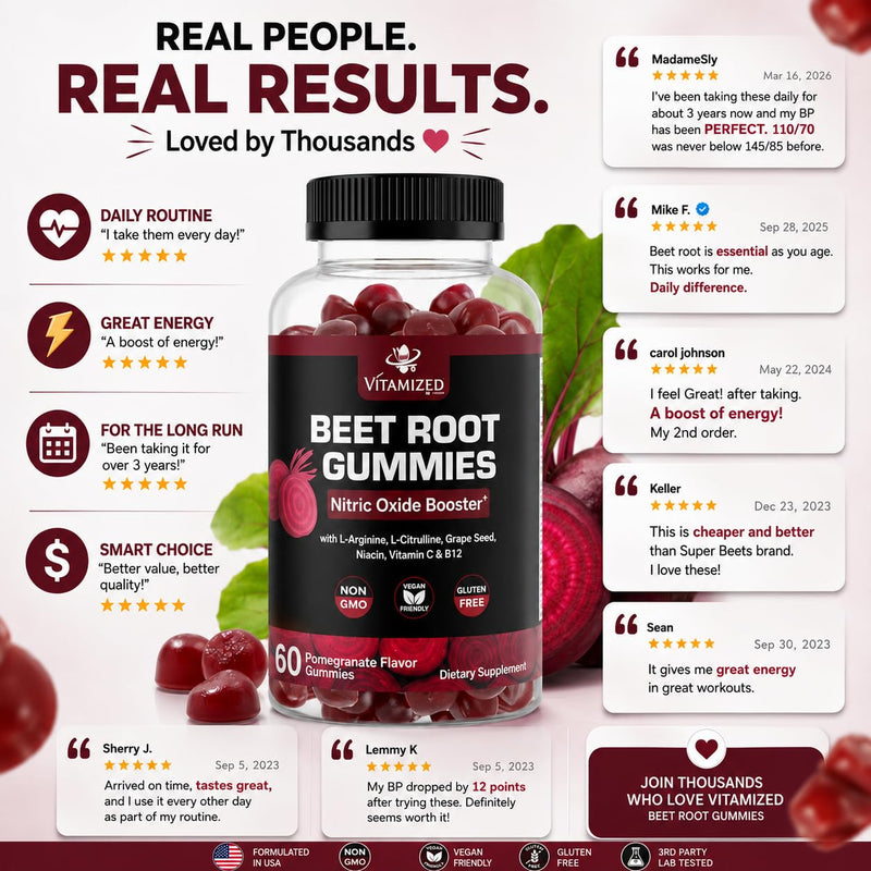 Beet Root Gummies w Grape Seed - Vitamin C, B12, L-Arginine & L-Citrulline | for Circulation Flow & Heart Healthy Energy - Pomegranate Flavor, 60 Count Potent