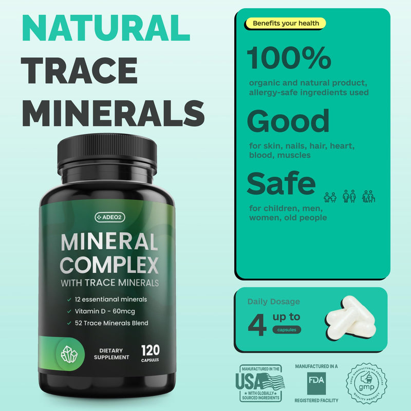 Premium Blend of 52 Trace Minerals Complex with Essential Minerals in Chelated Form – All Natural and 100% Organic - 120 Capsules - Full Spectrum Ionic Mineral Blend - Safe for Women and Men - BeesActive Australia