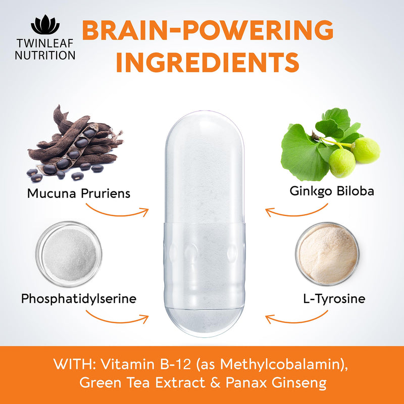 Dopamine Brain Support Supplement - DMAE, Vitamin B12 & L-Tyrosine, 60 caps | Supports Focus, Memory & Mental Clarity - 1000mg Blend with Mucuna Pruriens, Ginkgo Biloba, Green Tea, Ginseng White