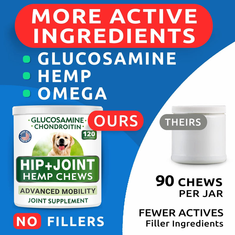 Hemp Treats + Glucosamine + Omega 3 for Dogs Bundle - Joint Pain + Allergy and Itch Relief - Hip & Joint Supplement w/MSM + Chondroitin + Hemp Oil + Omega 3 + EPA & DHA Fatty Acids - 120 + 180 Chews