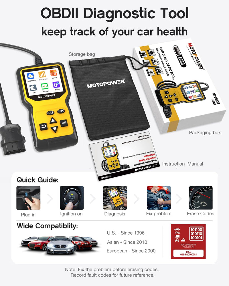MOTOPOWER MP69033 Pro OBD2 Scanner Code Reader Check Engine Fault Light Diagnostic Scan Tool with Battery Tester - BeesActive Australia