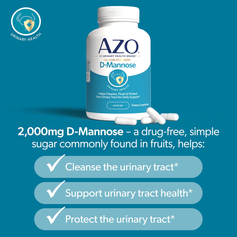 AZO D Mannose Urinary Tract Health, Cleanse, Flush & Protect The Urinary Tract, No.1 Pharmacist Recommended Brand, Clinical Strength, Non-GMO, 120 Count 120 Count (Pack of 1)