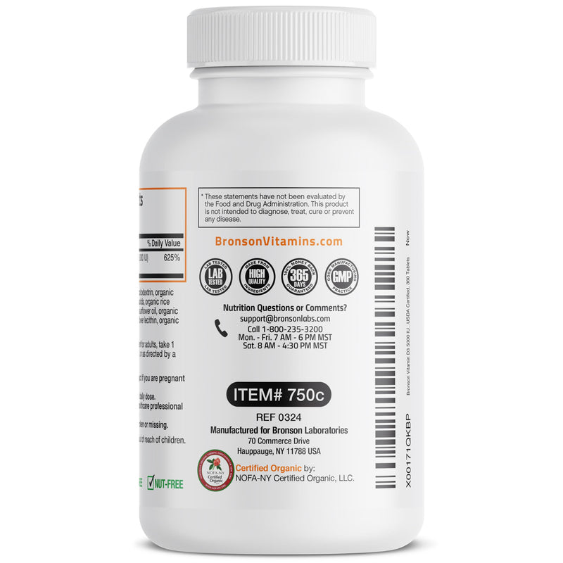 Bronson Vitamin D3 5,000 IU (125 mcg), USDA Certified Organic, 360 Tablets | Bone, Muscle, Immune & Nervous System Support, Non-GMO, Gluten-Free, Soy-Free, Wheat-Free & Nut-Free 360 Count (Pack of 1)