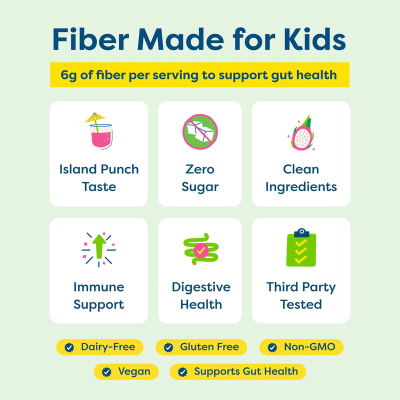 HIYA Kids Daily Fiber+ with Prebiotics, 12 Sticks, Island Punch Flavored | 10 Billion CFUs, Pediatrician Formulated, Non-GMO, No Dyes, No Gummy, for Ages 2+, Third-Party Tested, 0g Sugar