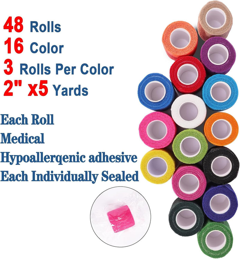 48 Pack Self Adhesive Bandage Wrap, 2” x 5 Yards Cohesive Medical Tape Elastic Grip Tape Black Sports Tape Athletic for Ankle, Wrist Sprains, Pet First Aid (Multi-Color) Multi-color - BeesActive Australia