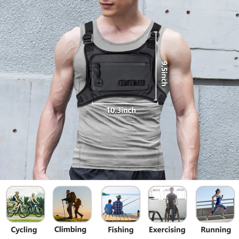 Running Chest Pack for Men Women: Outdoor Sports Lightweight Front Vest Bag - Water Resistant Built-In Phone Holder for Cycling Hiking Workout Jogging Skiing Black